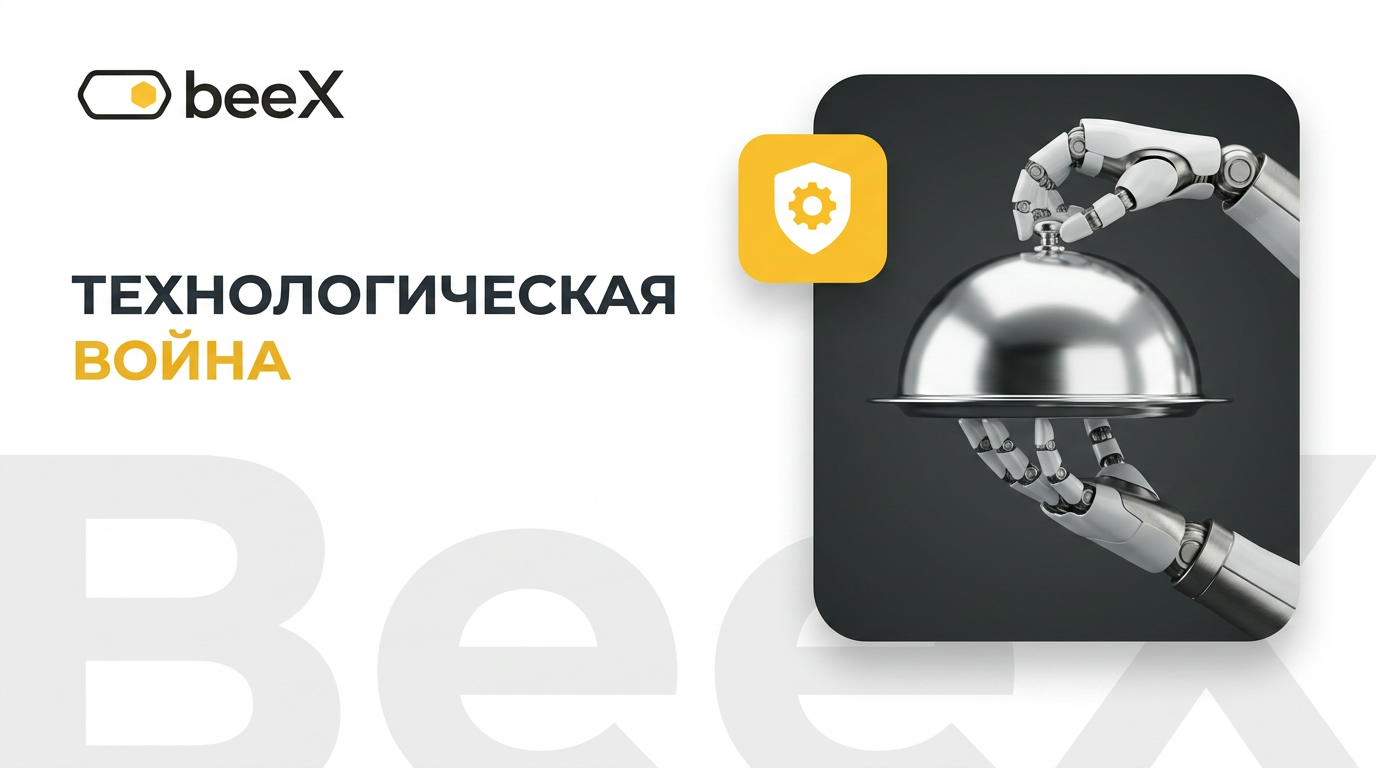 Ресторан с автоматизированной кухней на фоне силуэтов крупных сетей