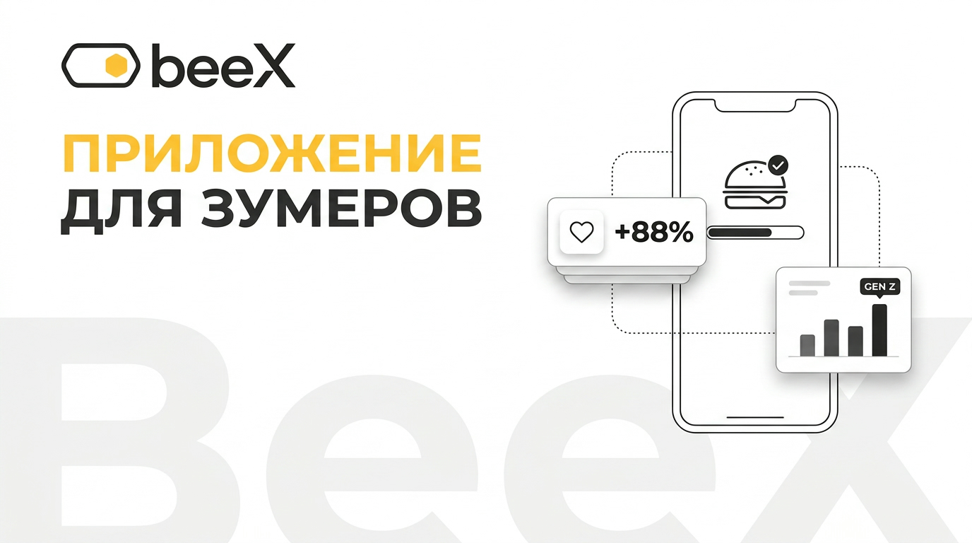 Интерфейс мобильного приложения Додо Пицца на фоне молодежи, делающей заказ