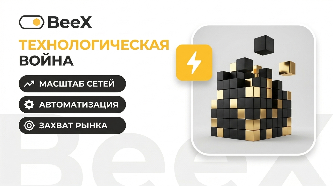 Футуристическое изображение роботов и ресторанных сетей, символизирующее технологическую конкуренцию в общепите