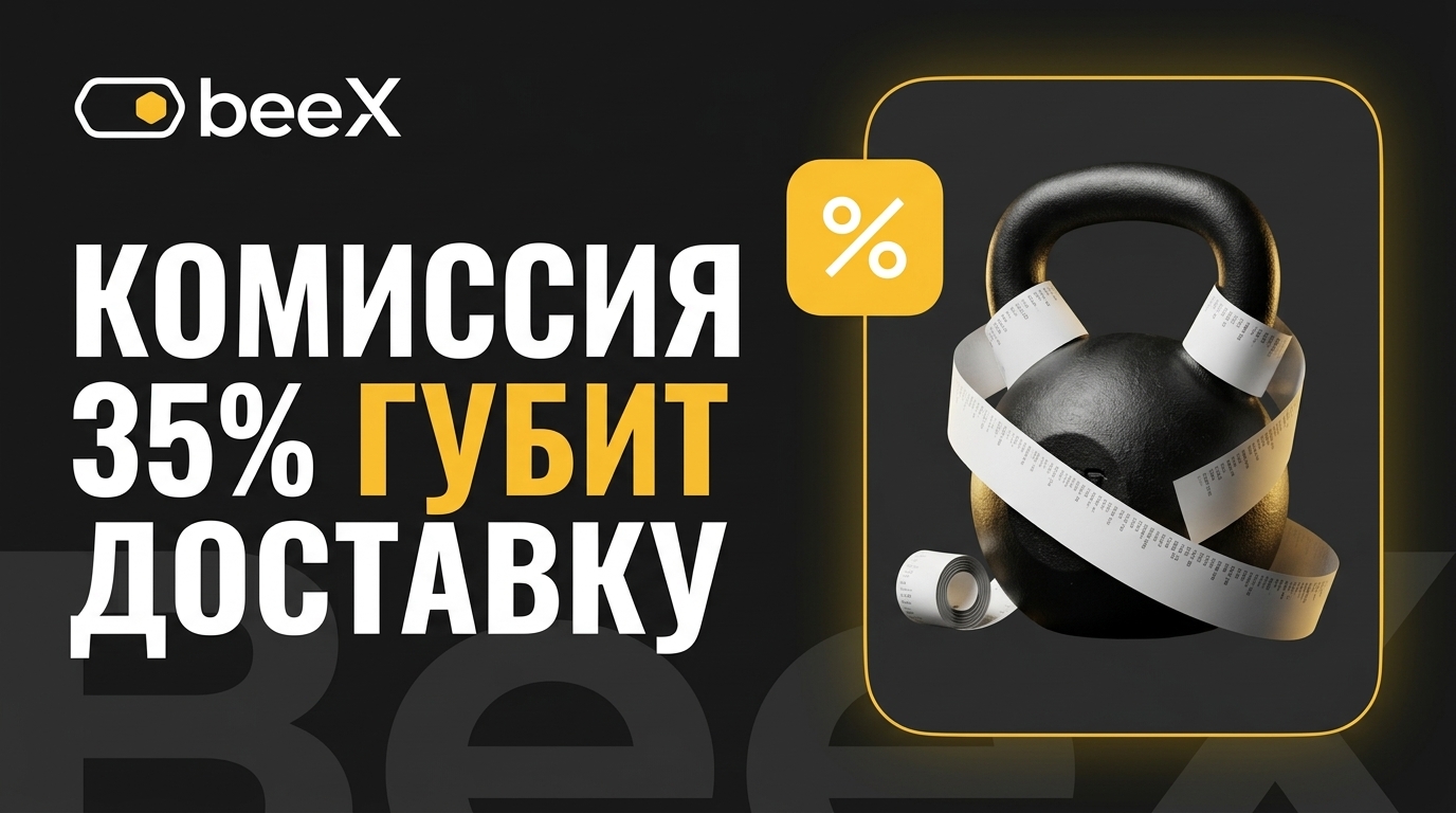 Курьер с коробкой еды на фоне логотипа Яндекса и цифры 35%